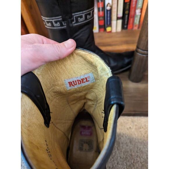 Rudel Rogers black pointed toe cowboy boots sz 8 EE white Aztec style stitching - Picture 4 of 6